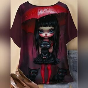 Gothic Graphic Tee with Red and Black Design